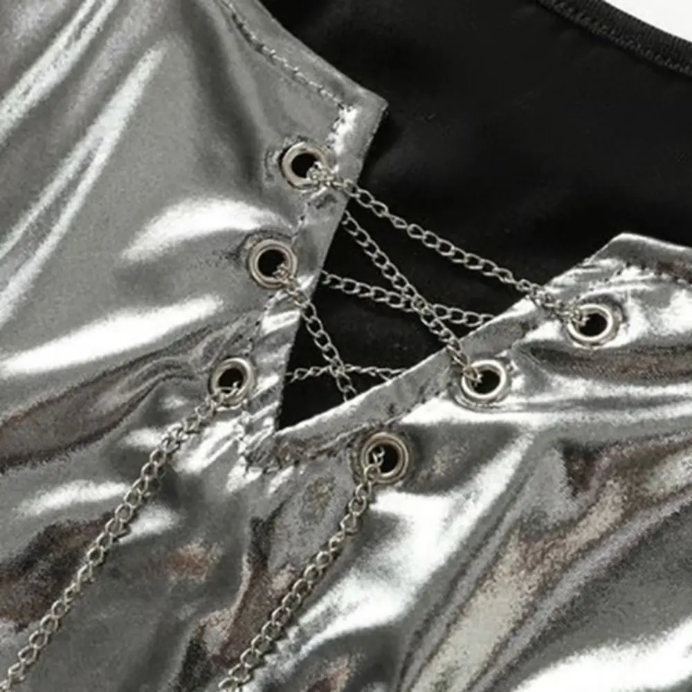 

Fashion Glossy Long Sleeve T Shirt Pullover Patchwork Fake Two-pieces Shirts Ins Personality Y2K Slim Crop Tops Streetwear