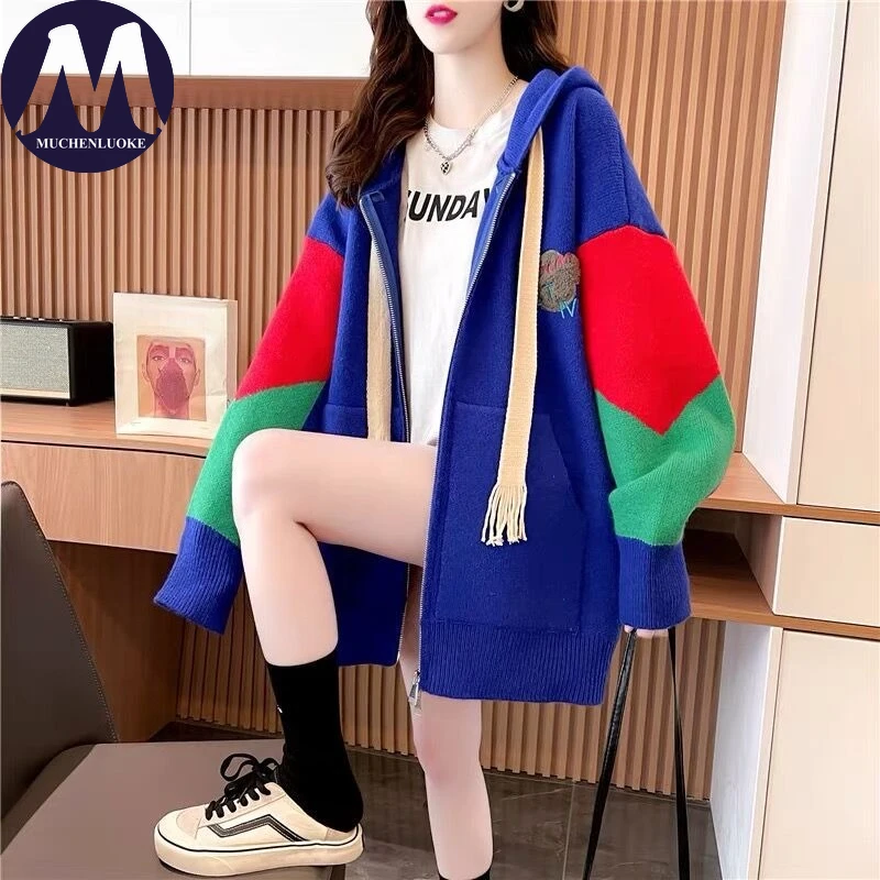 

Кардиган для женщин, осень-зима, корейская мода, цветной вязаный свитер с капюшоном, пальто, повседневное свободное утолщенное теплое пальто, кардиган