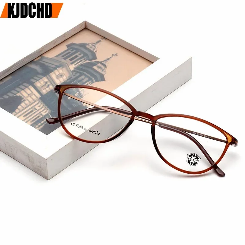 KJDCHD Tungsten Titanium Glasses Men Women Cat Eye Eyeglasses Frames Precription Spectacles Ultra Light Eyeglass Female Points