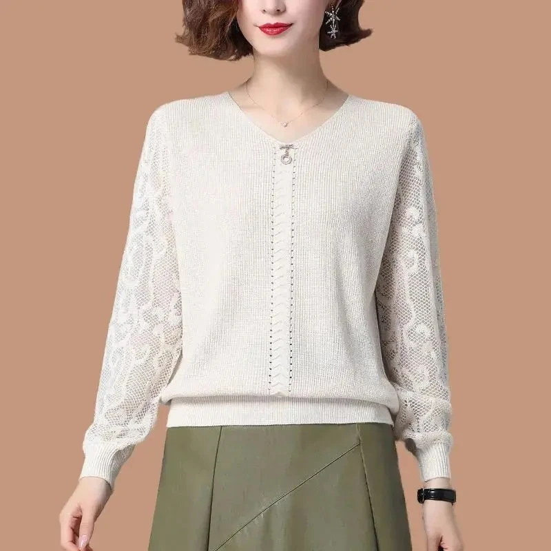 Women's Clothing Lace Knitted Sweaters Casual V-Neck Stylish Hollow Out Spring Autumn New Loose Long Sleeve Solid Color Jumpers