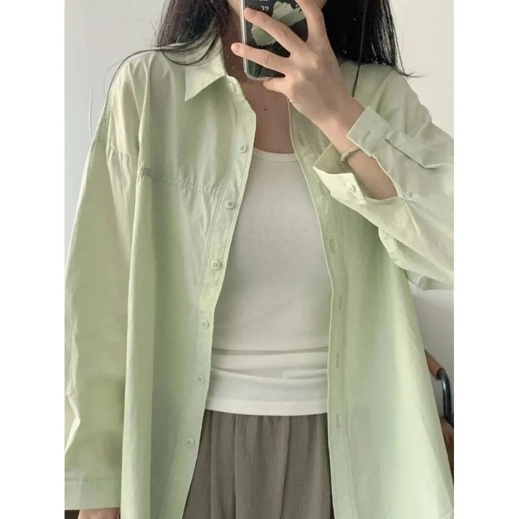 Light Luxury Blue Pure Cotton Women's Long Sleeve Sun Protection Outerwear 2025 New Elegant Chic Loose Top Shirt Jacket