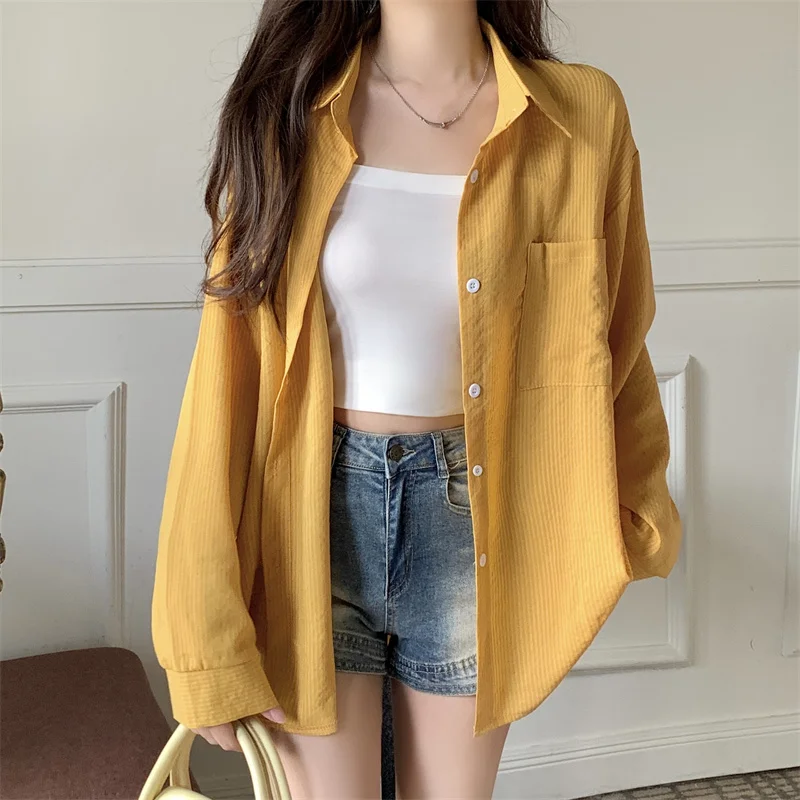 Pin Striped Oversized Shirt for Women Long Sleeve Collared Side Pocket Button Up Boyfriend Shirt Teenage Girl Basic Outfit