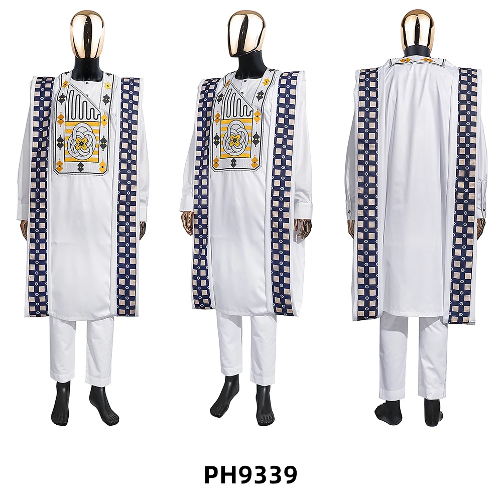 H&D African Clothes for Men Traditional Rich Bazin Original   Embroidery White Clothing Men 3 PCS Set Wedding Party Occasion