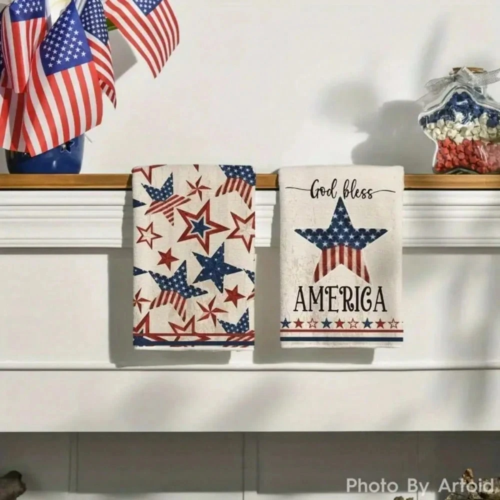 2 Pcs American Flag & Star Print Towels | Soft Reusable Dish Cloths | Machine Washable | Kitchen Decor & Cleaning Cloths