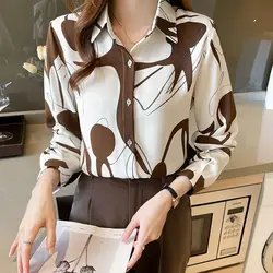 Women Spring Korean Fashion Loose Printing Chiffon Polo-Neck Long Sleeve Shirts Women Clothes Casual All-match Appear Thin Tops