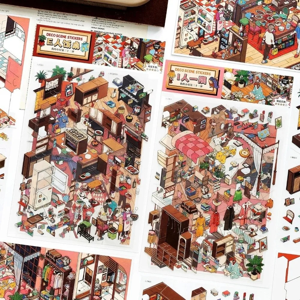 My Home Theme Landscape Stickers PET Die-cut Cottage Cabin Scene Stickers Laboratory Theater Scrapbook Stickers Gift Giving