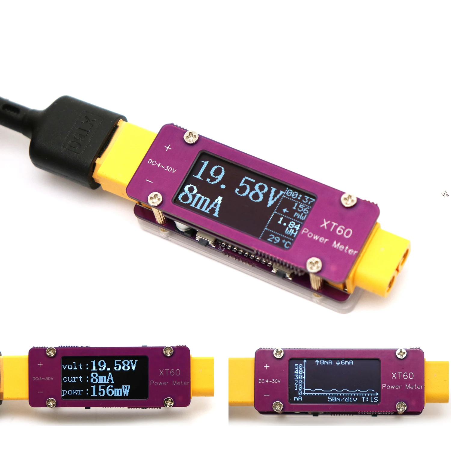 DC 4-30V 64A XT60 Power Meter OLED Display Bidirectional Current Voltage Tester F/ RC Models Lead-Acid Li-on Lifepo4 BMS Battery