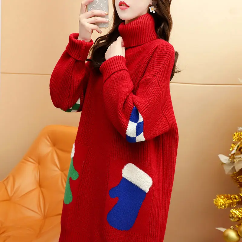 Autumn Winter Casual Korean Turtleneck Long Sleeve Pullovers Women Clothes All-match Christmas Knitting Mid Length Top Women's