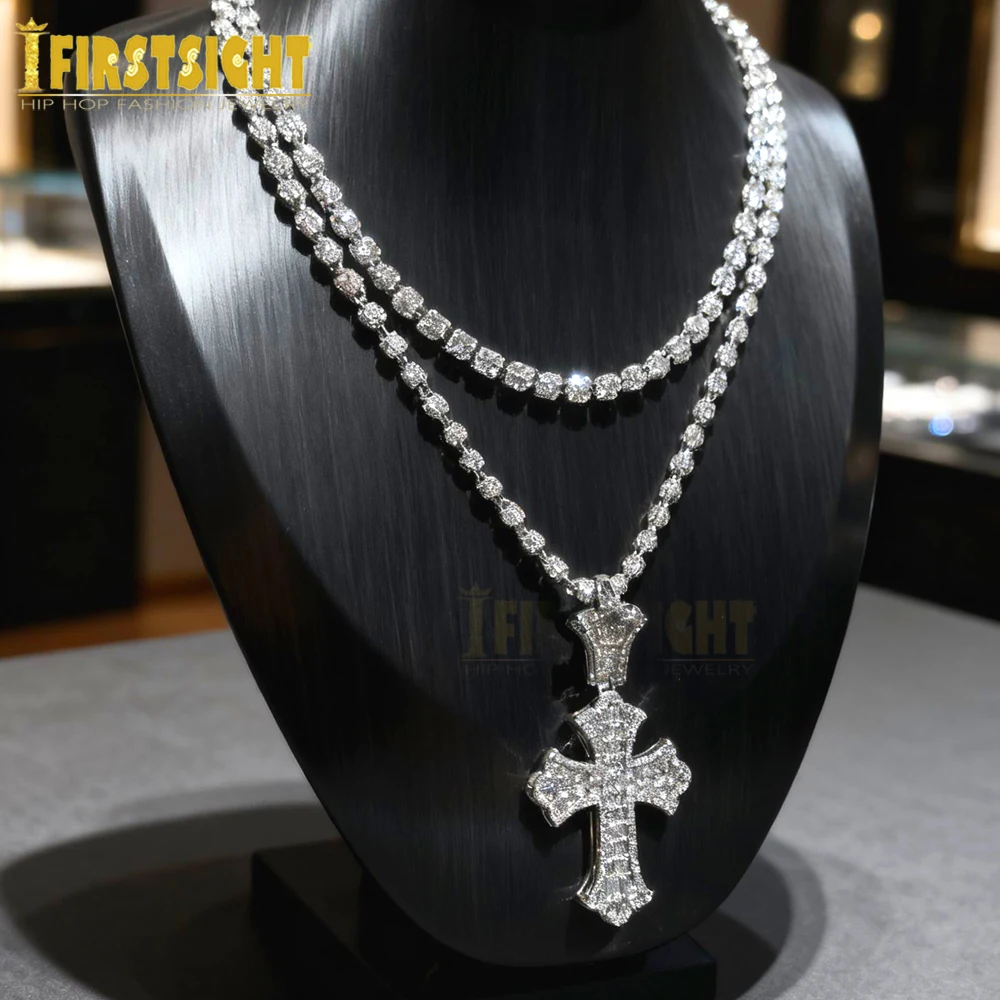 

New Iced Out Cross Pendant Necklace for Men Prong Setting Cubic Zirconia With Silver Color Bead Chain Hip Hop Jewelry