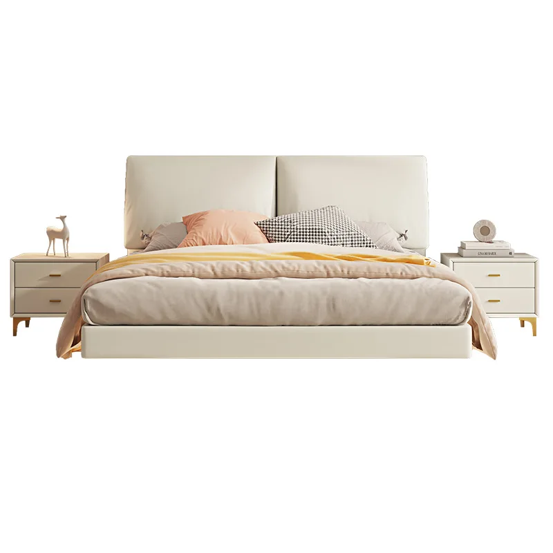 

Internet celebrity cream wind double bed, modern light luxury leather soft bedroom home solid wood leather bed