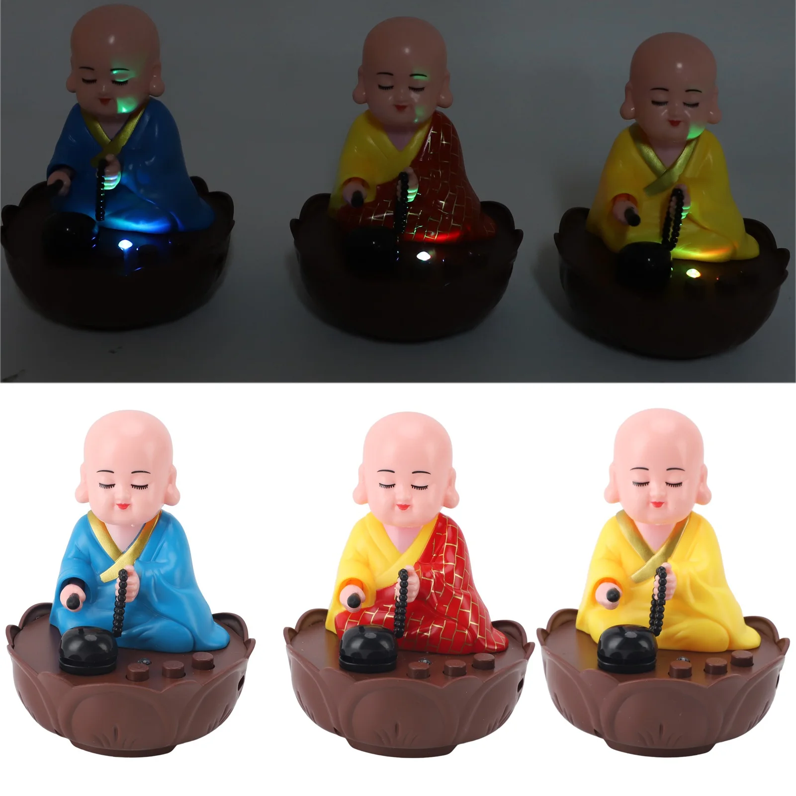 Musical Nodding Monk Figurine Decoration Plastic Moving Head Buddha Statue with USB Charging Cable for Car Dashboard Home