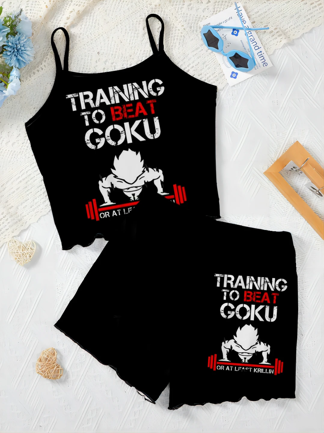 

Lettuce Trim Two Piece Set Slip Dress Elegant Women's Sets for Women 2 Pieces Pajama Skirt T-shirt Dragon Ball Top Son Goku Suit