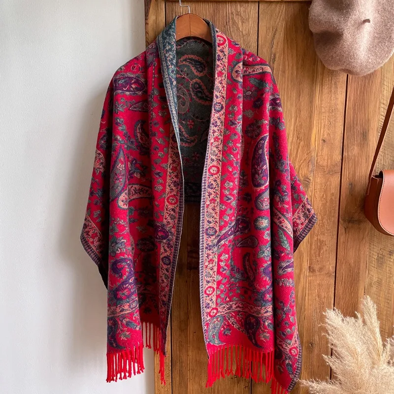 

Autumn and winter ethnic jacquard paisley travel scarf for women, jacquard fringe extra-long thick cape shawl