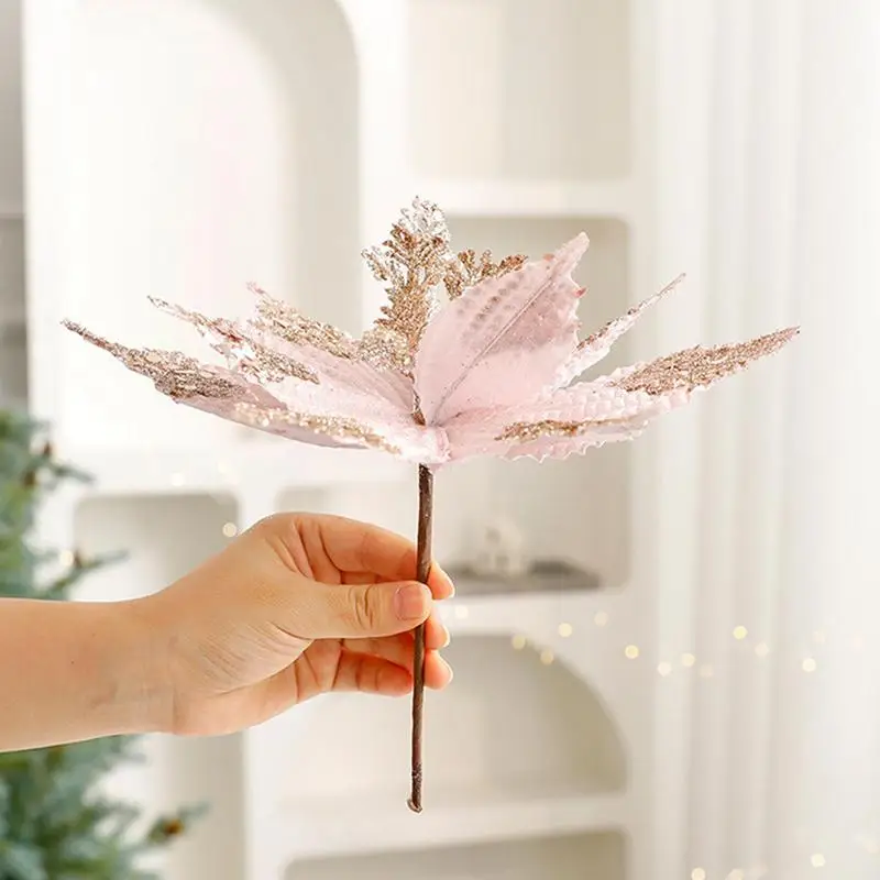 Poinsettia Christmas Decorations Light Red And Light Blue Faux Flowers Holiday Flower Arrangement Accessories Flannel Fake