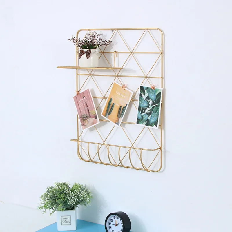 Ins Golden Wall Decoration - Wall-mounted Wrought Iron Grid Photo Wall Storage Rack Simple Living Room Background Wall Organizer