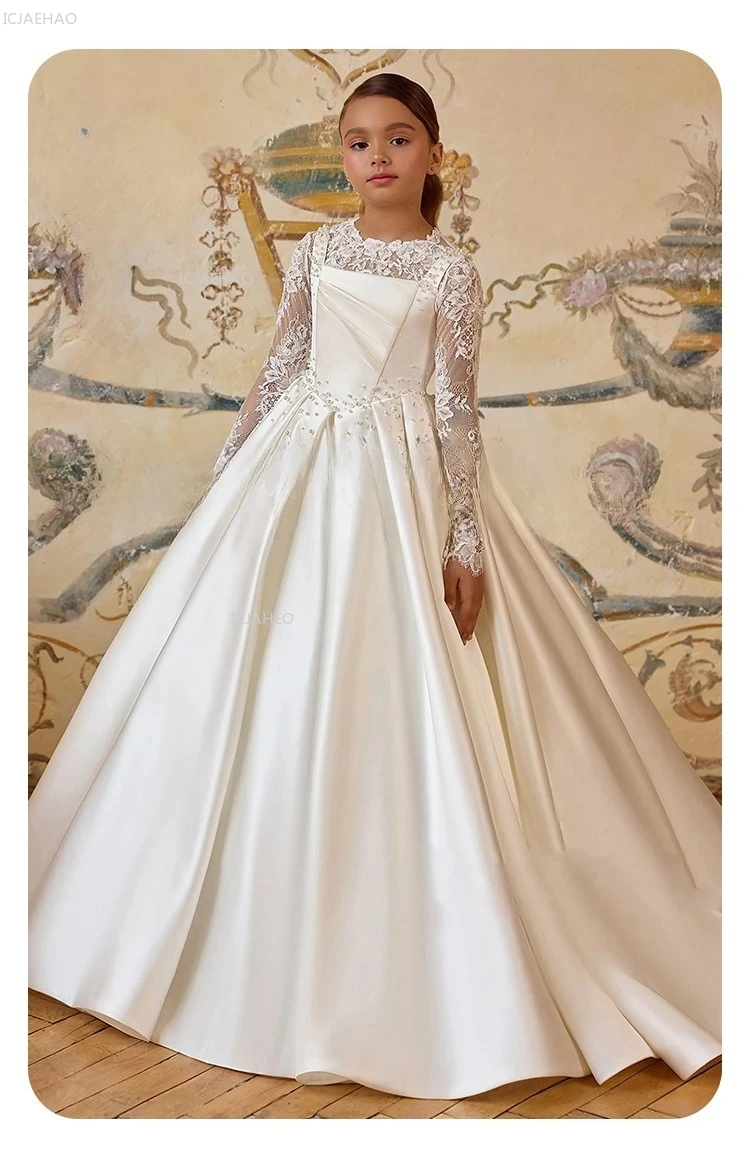 Kids Long Sleeve Flower Girl Dresses European American Puffy Pageant Dress for Girls Style Satin Gown with Long Train Lace Trim