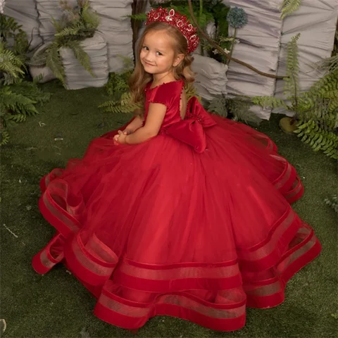 Flower Girl Dresses Red Velvet Big Bow Little Princess Dress Kids Clothes Birthday Party Gown First Communion Children's