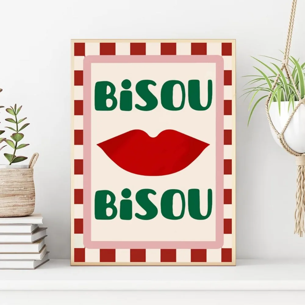 ملصق مؤطر لفن الشفاه الأحمر Bisou Bisou ، لوحة قماشية كلاسيكية حديثة لغرفة النوم وغرفة المعيشة والمطبخ والديكور الفني #3