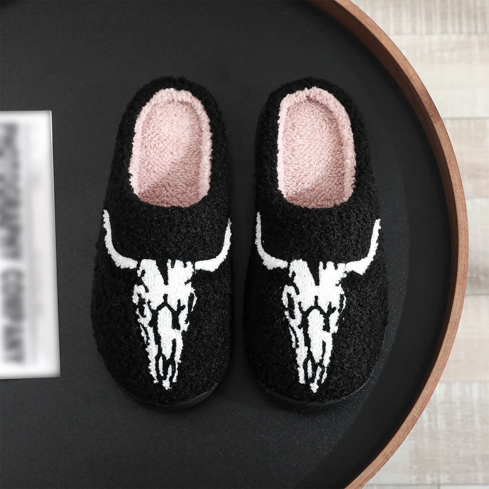 fashion Skull Fur Home stuffed mujer de Slippers Cozy Non-slip Halloween Platform Embroidery Cotton sandalias Personality Warm