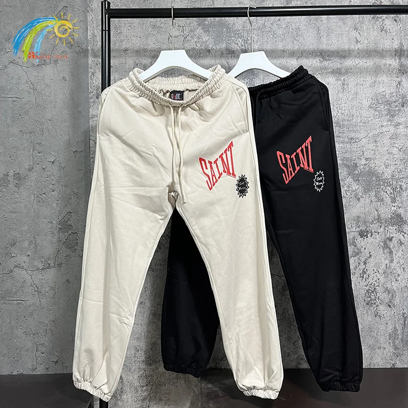 Vintage High Street Red Letter Logo Printing Saint Sweatpants Men Women Oversized Jogger Drawstring Black Apricot Pants