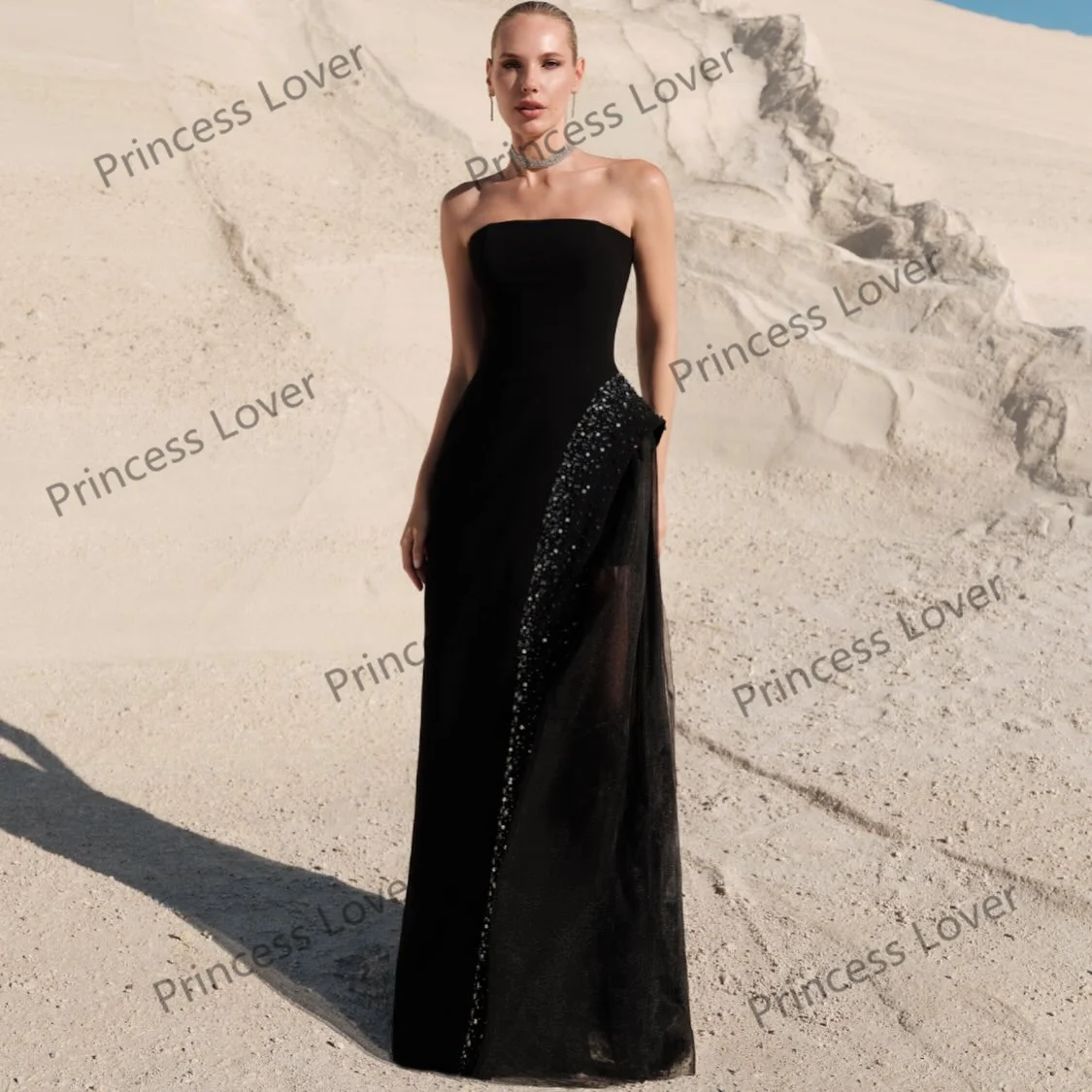 Black Strapless Evening Dresses A Line Sequins Wedding Party Dress Customized Slit Prom Gown Formal Vestidos