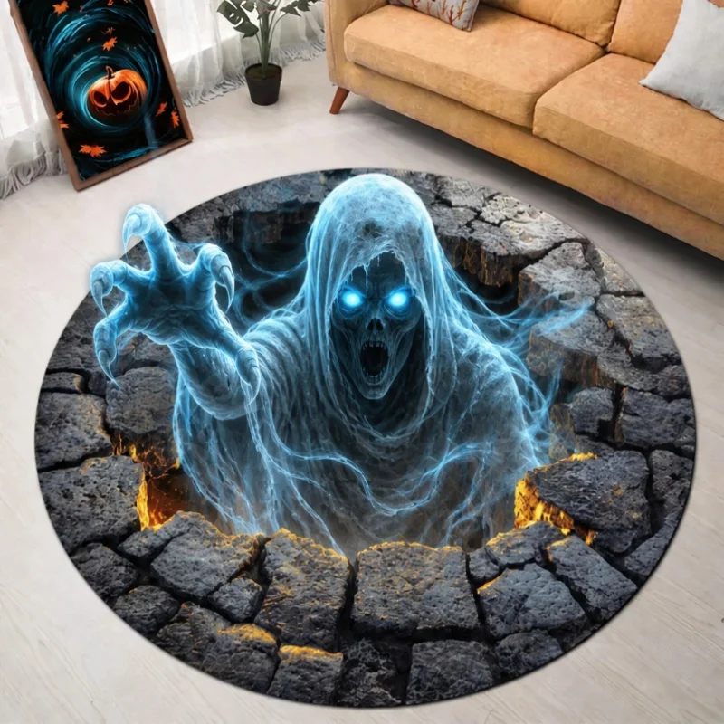 Ghost 3D Illusion Round Area Rug, Scary Crack Hole Circular Floor Mat, Halloween Home Decoration