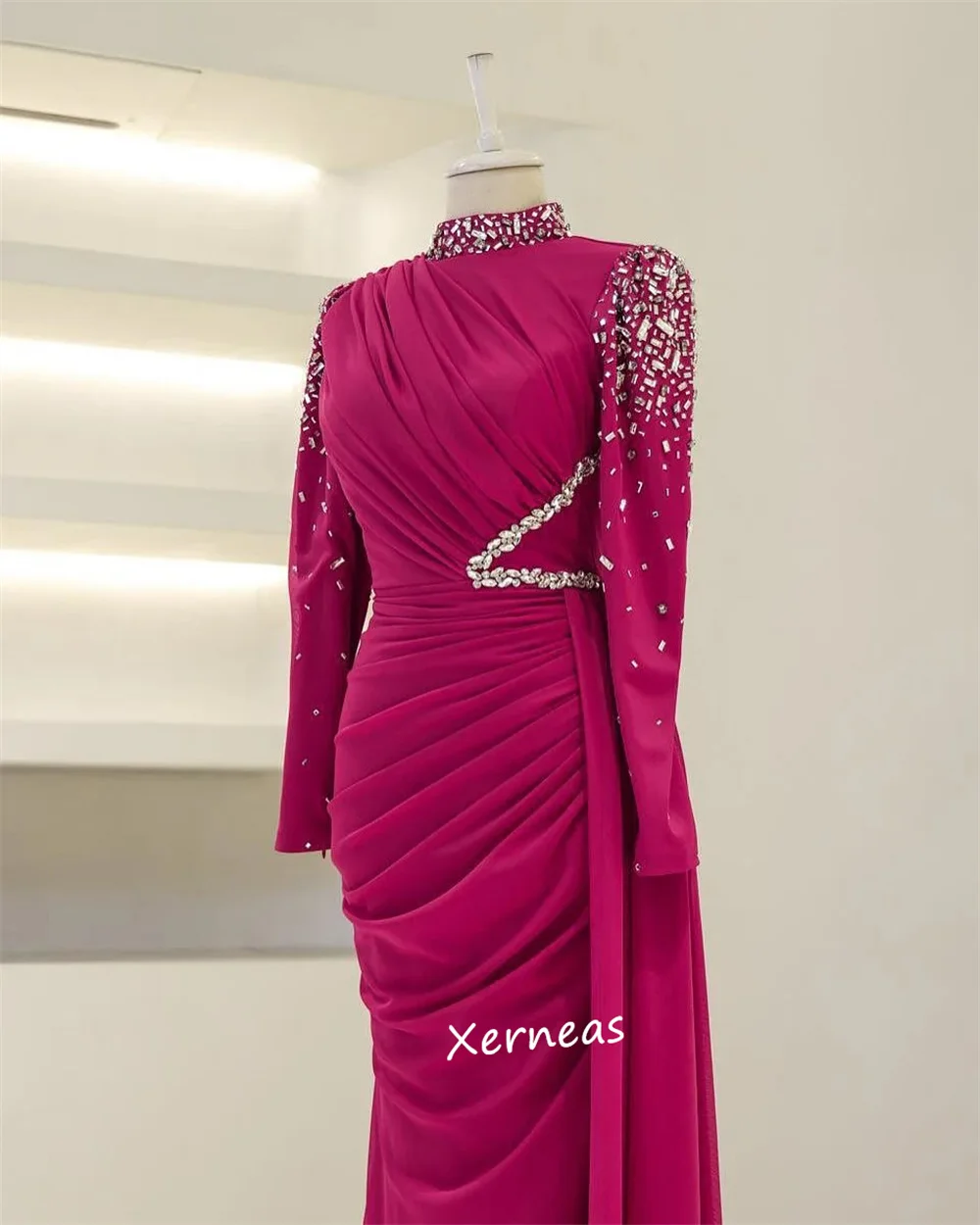 Jersey personalizado, vestidos largos de trompeta con cuello alto y pliegues de diamantes de imitación, ocasión a medida, noche de lujo para mujer, hermoso y elegante