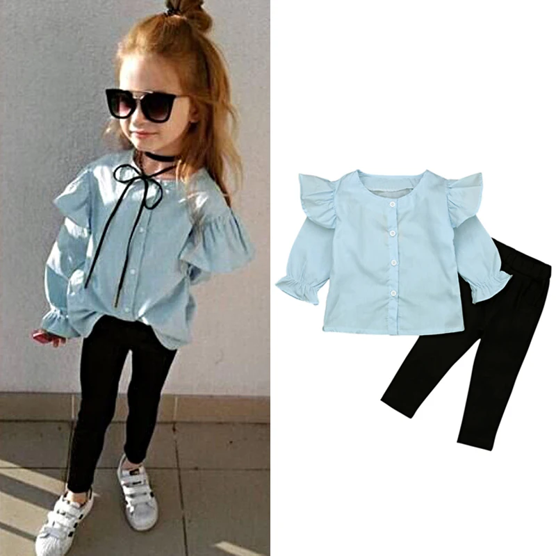 

Baby Girl Clothes Fashion Flare Sleeve Shirt+Black Pant 2Pcs Suit Casual Child Trousers Kid Blouse Toddler Tracksuit Autumn A685