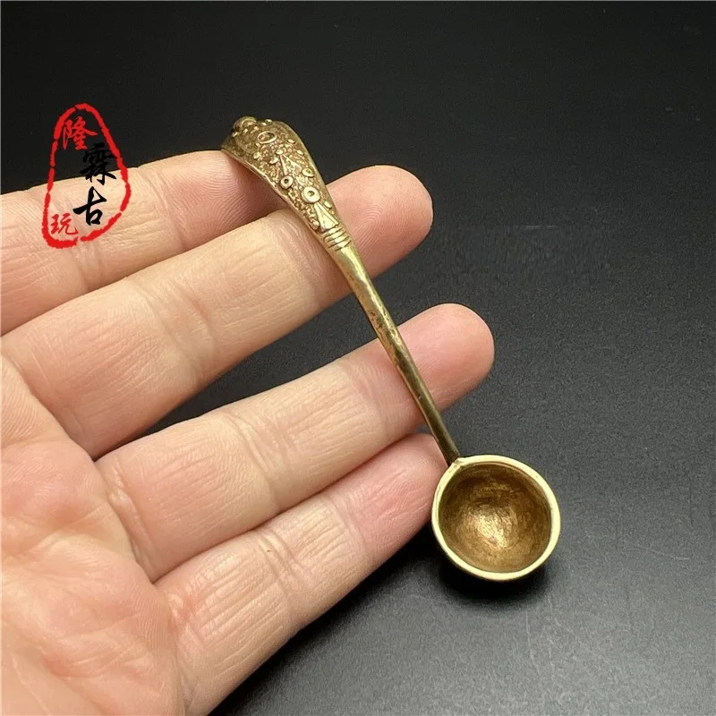 1 PC Retro Brass Long Handle Small Copper Spoon Copy Imitate Carved Tea Medicine Use