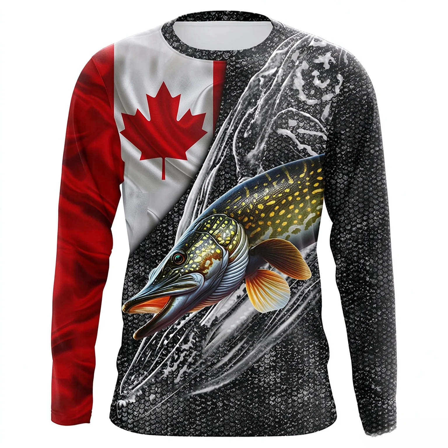 Long-sleeve Casual T-shirt Featuring A Canadian Maple Leaf Flag and Barracuda Graphic; Streetwear Style, Suitable for Parties.