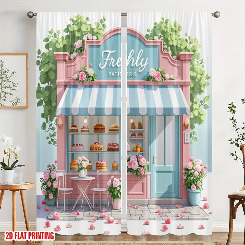 Pink Bakery Curtain, Cute Cake Shop Window Drape, French Pastel Storefront Decor for Girls Room, Floral Home Textile Fabric