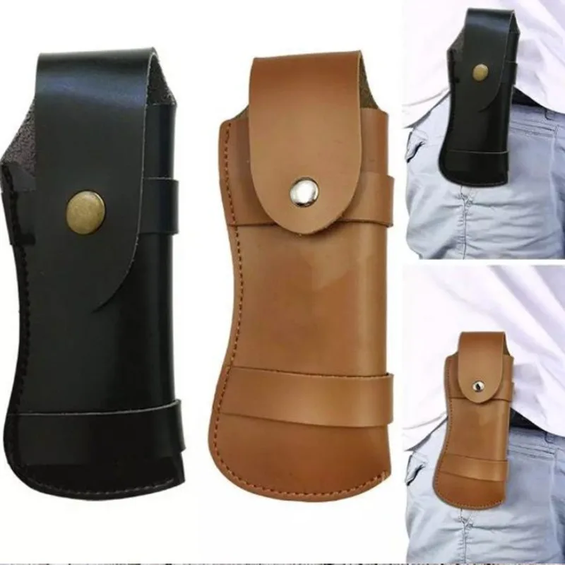 Brown Fold Knife Scabbard Tool Flashlight Belt Loop Case Holder Leather Sheath Pocket Hunt Camp Outdoor Carry Equipment