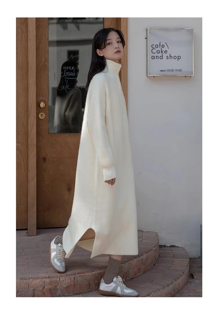 Western style half-open zipper high-necked long pure cashmere sweater long skirt women\'s autumn and winter loose wool dress worn