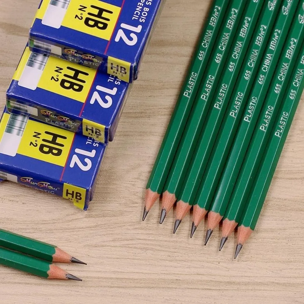 12Pcs/set Student Sketching Pencil Green Wooden Lead Pencil Hexagonal Penholder HB Pencil Student Stationery Children's Gifts