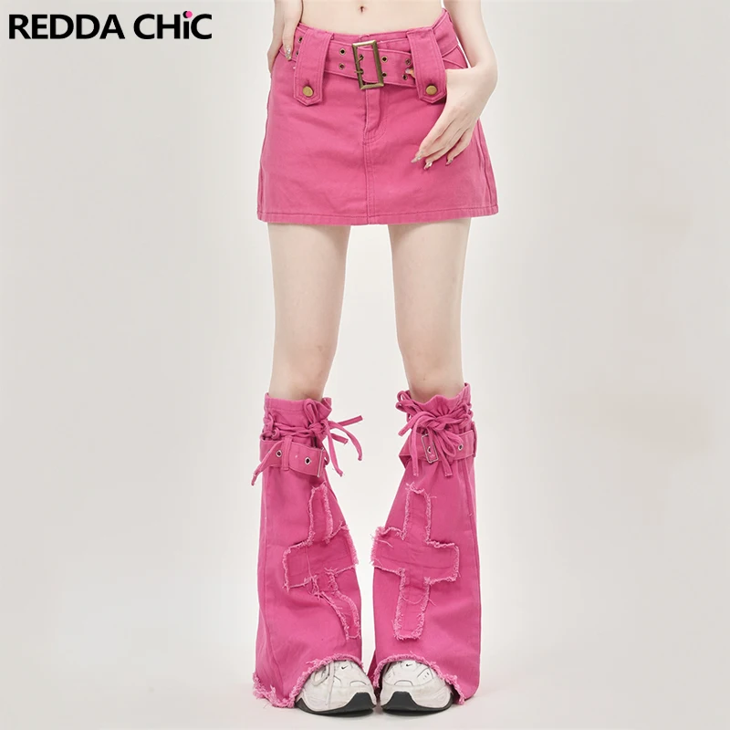 

ReddaChic Dopamine Rosered Women Denim Mini Skirt A-line Belted Short Jean Skorts Summer New Barbiecore Fairy Y2k Streetwear