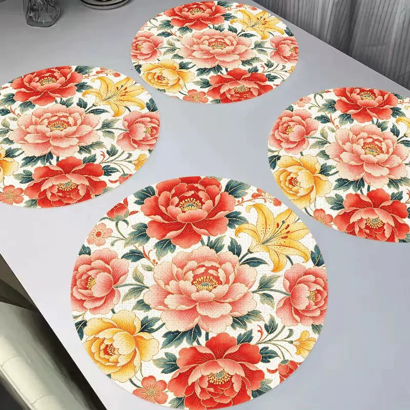 VIKAMA American Retro Warm Orange Symmetrical Floral Circular Linen Placemat Insulation Wear-Resistant Table Mat Desktop Decor