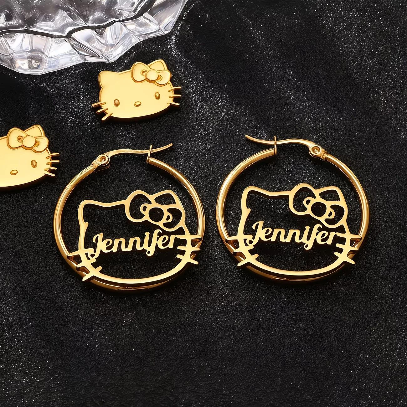 30/40/50mm Custom Hello Kitty Hoop Earring Women Punk Fashion Elegant Stainless Steel Personalized Sanrio Jewelry Birthday Gift