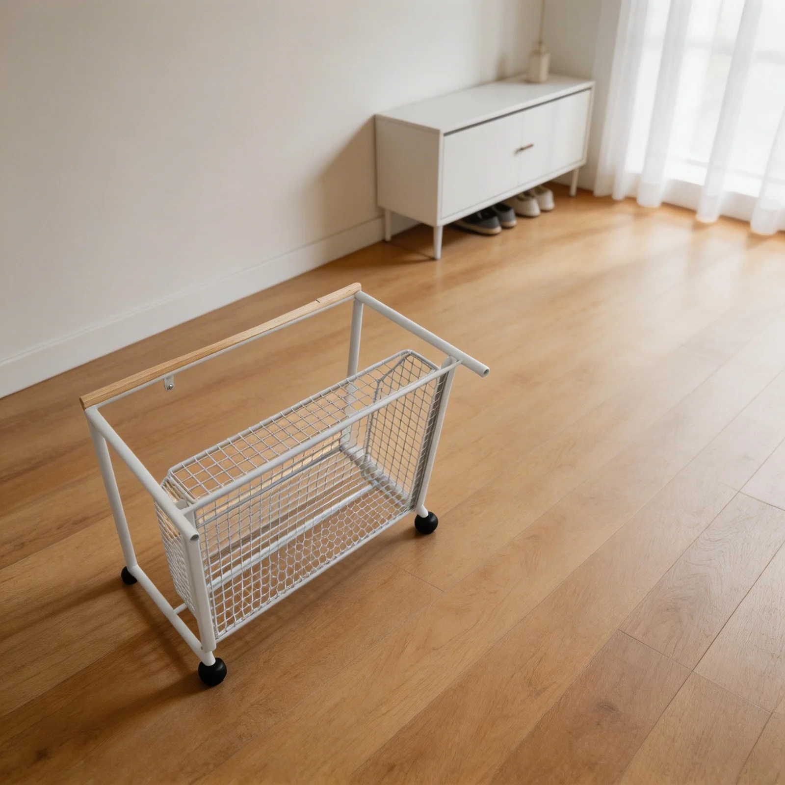 Small Microwave Cart for Kitchen with Bottom Pull Out Storage Basket Lockable Casters Duty Frame and MDF Boards