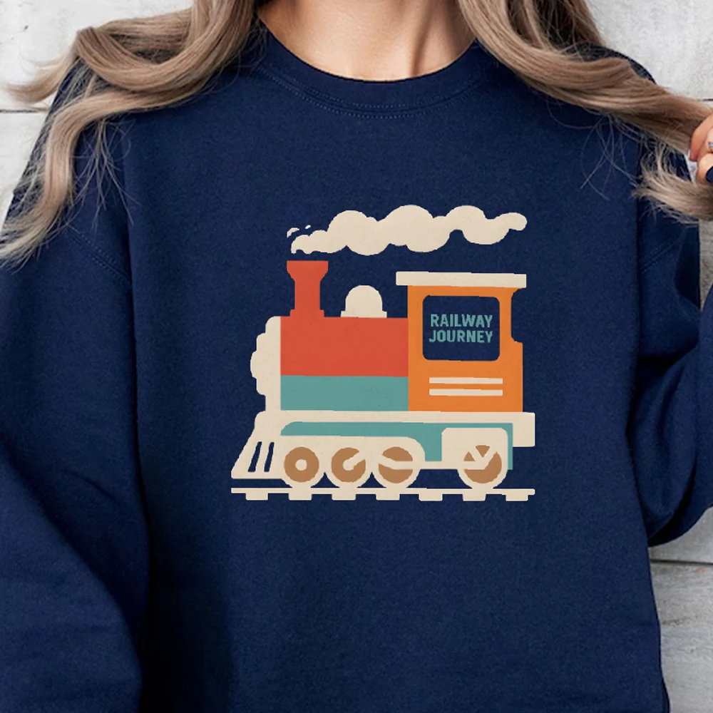 

Casual Crewneck Sweatshirt Cartoon Colorful Retro Locomotive Stylish Pullover New Arrival Best Seller Fashionable 100% Cotton