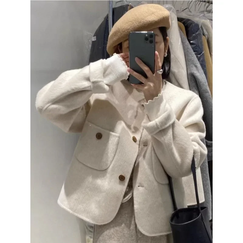 Greytweed Style Woolen Overcoat Women's Autumn/Winter Cropped Petite Elegant Design Sensibility Niche Jacket Crew Neck Regular F