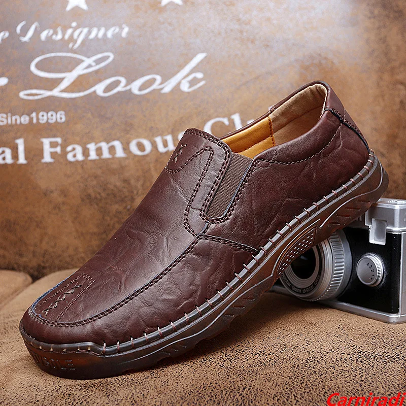 High Quality Handmade Genuine Leather Casual Shoes Men Outdoor All-match Big Size 38-47 Loafers Male Retro Slip On Walking Shoes