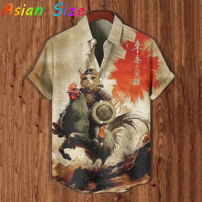 

Мужская винтажная рубашка-камиса 2026 года с японским котом и динозавром, с коротким рукавом, в стиле Y2K, повседневная, ретро-дизайн, блузка