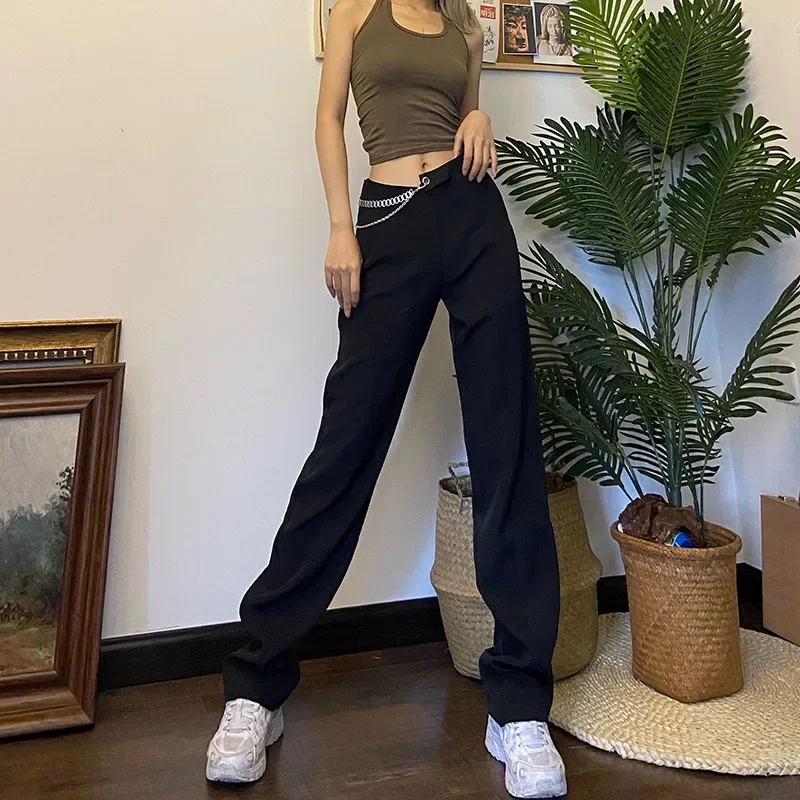 

New Spring Autumn Hot Girl Harajuku Black Irregular Metal Chain Pants Streetwear High Waist Casual Fashion Hip Hop Trouser