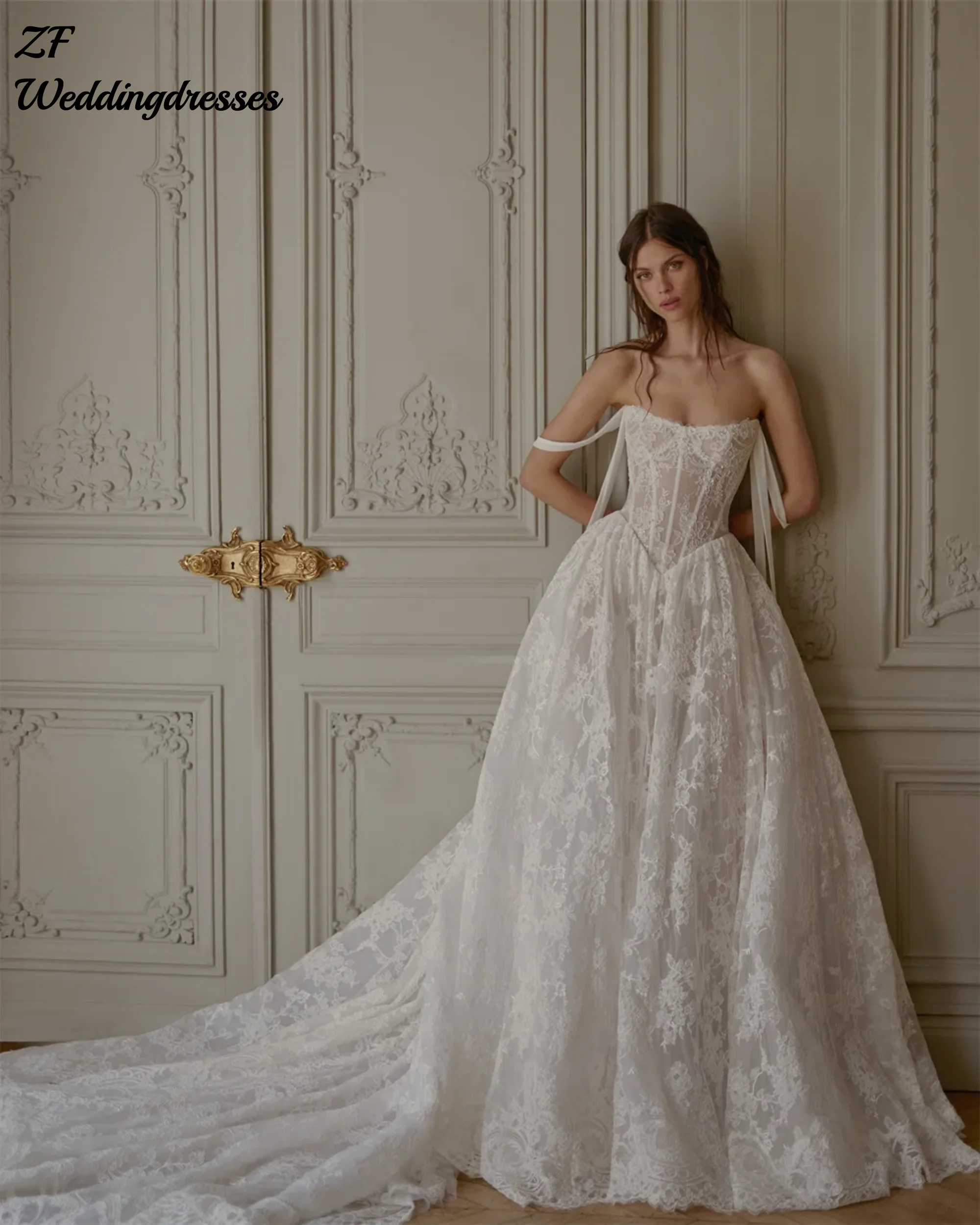 カスタマイズ可能なアイボリーレースアップリケオフショルダーウェディングドレスAラインロングトレーンジップバックvestidos de novia（ベスティドス・デ・ノビア）