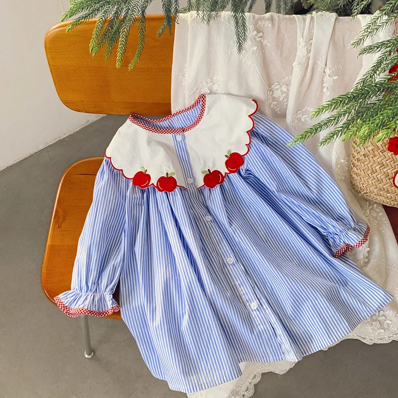 Girls Dresses Cotton Clothes Children Blue Stripe Dress Long Sleeve Embroidered Apples Dress Princess Costume Korean Style