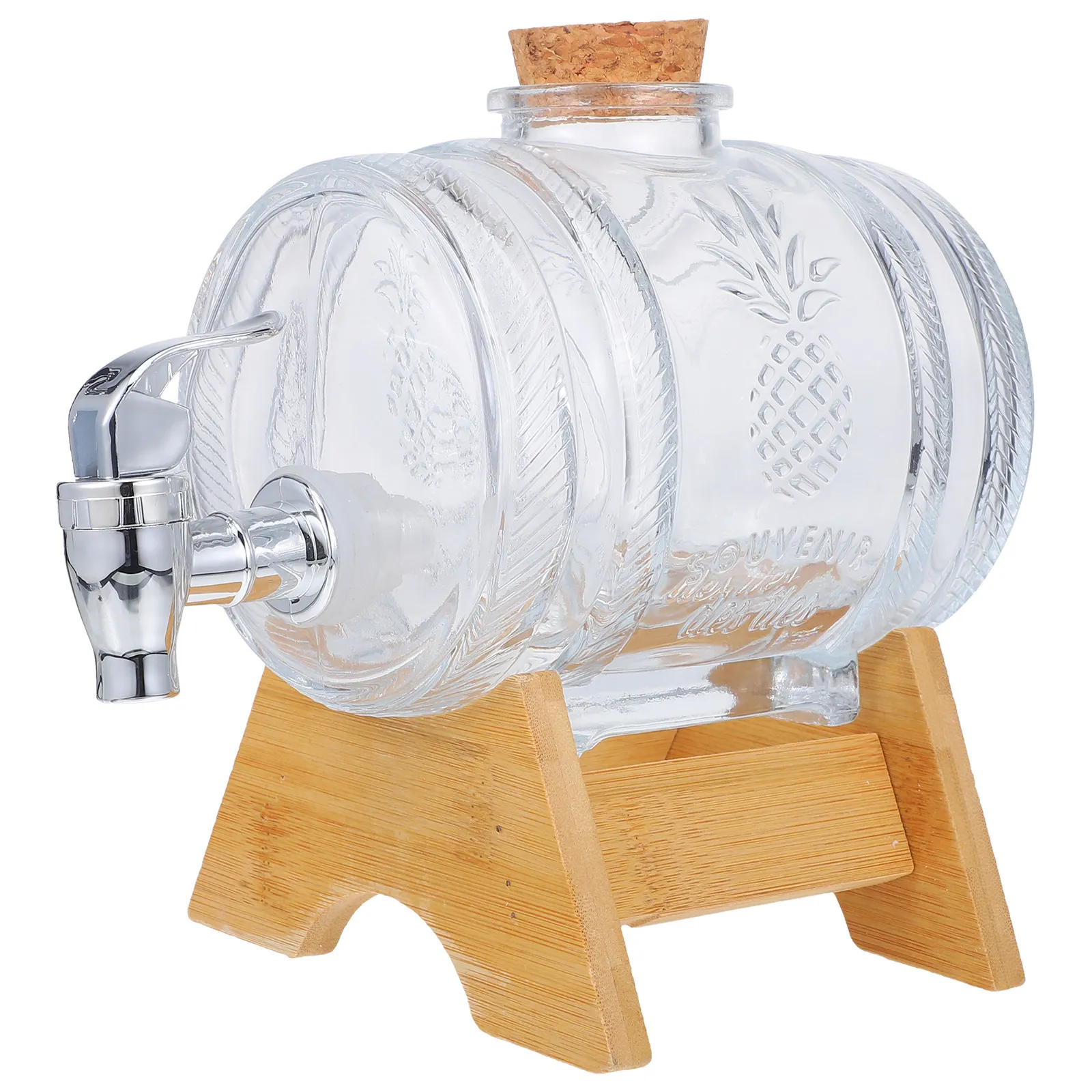 1Set Glass Wine Barrel Dispenser Vintage Drink Barrel with Bamboo Stand Faucet for Whisky Brandy Vodka Rum Party Wedding