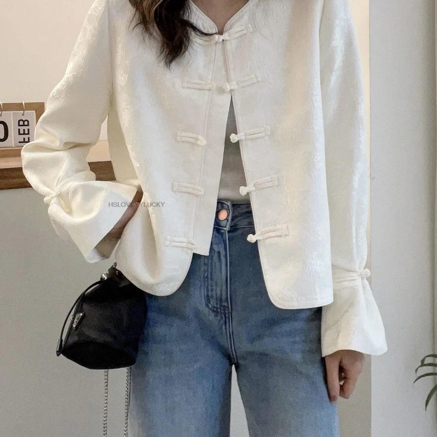 

Classical Temperament Jacquard Chinese Style Tang Suit Top New Retro Stand Collar Disc Buckle Coat Daily Modern Coat