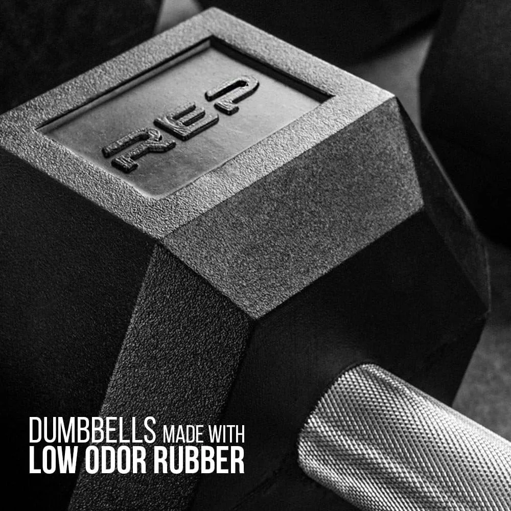 دمبل سداسي مطاطي من Rep Fitness - وحدات فردية أكثر من 55 رطلًا وأزواج من 5 إلى 50 جنيهًا - رائحة منخفضة، قبضة مخرشة بالكامل