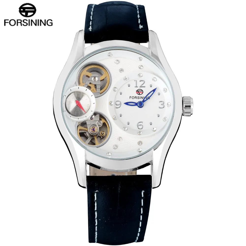 FORSINING china brand woman watches fashion Quartz skeleton Wristwatches white case blue point unisex watch leather strap