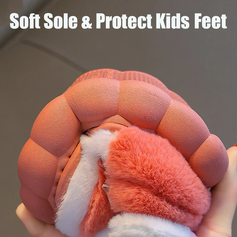 Anti-skid Winter Warm Kids Slippers Cartoon Furry Baby Girls Home Indoor Plush Shoes Soft Sole Floor Warm Cotton Slippers